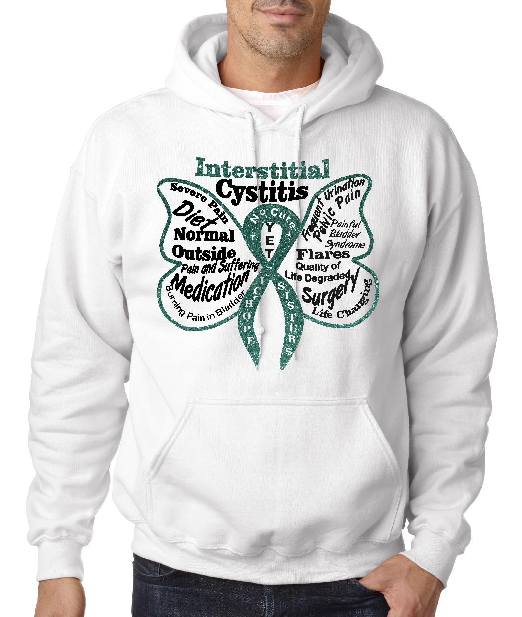 Interstitial Cystitis on white hooded sweatshirt with glitterflake